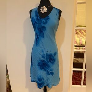 90s silk Blue Floral Sleeveless Dress